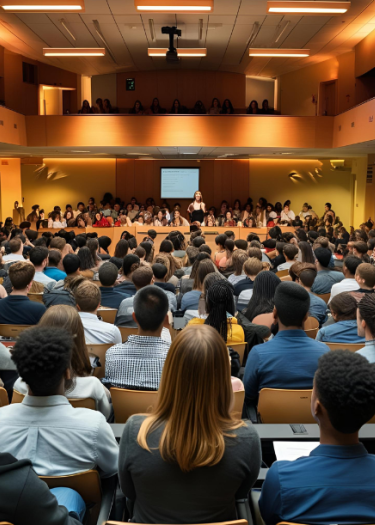 KI-generiertes Foto eines universitären Hörsaals mit vielen Zuhörer*innen